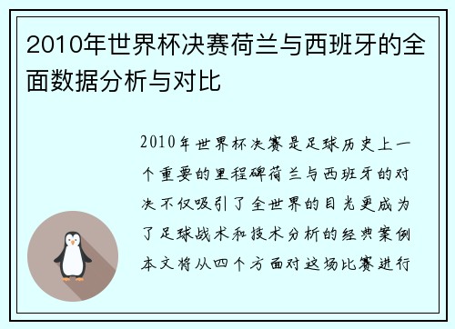 2010年世界杯决赛荷兰与西班牙的全面数据分析与对比