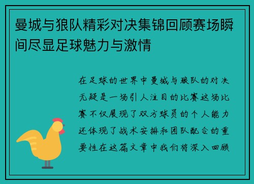 曼城与狼队精彩对决集锦回顾赛场瞬间尽显足球魅力与激情